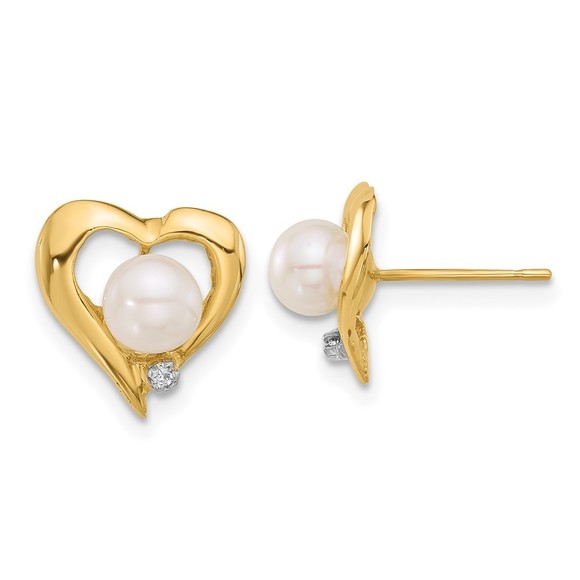 14K 5-6mm Button White FWC Pearl .02ct Diamond Heart Post Earrings - Picture 1 of 4